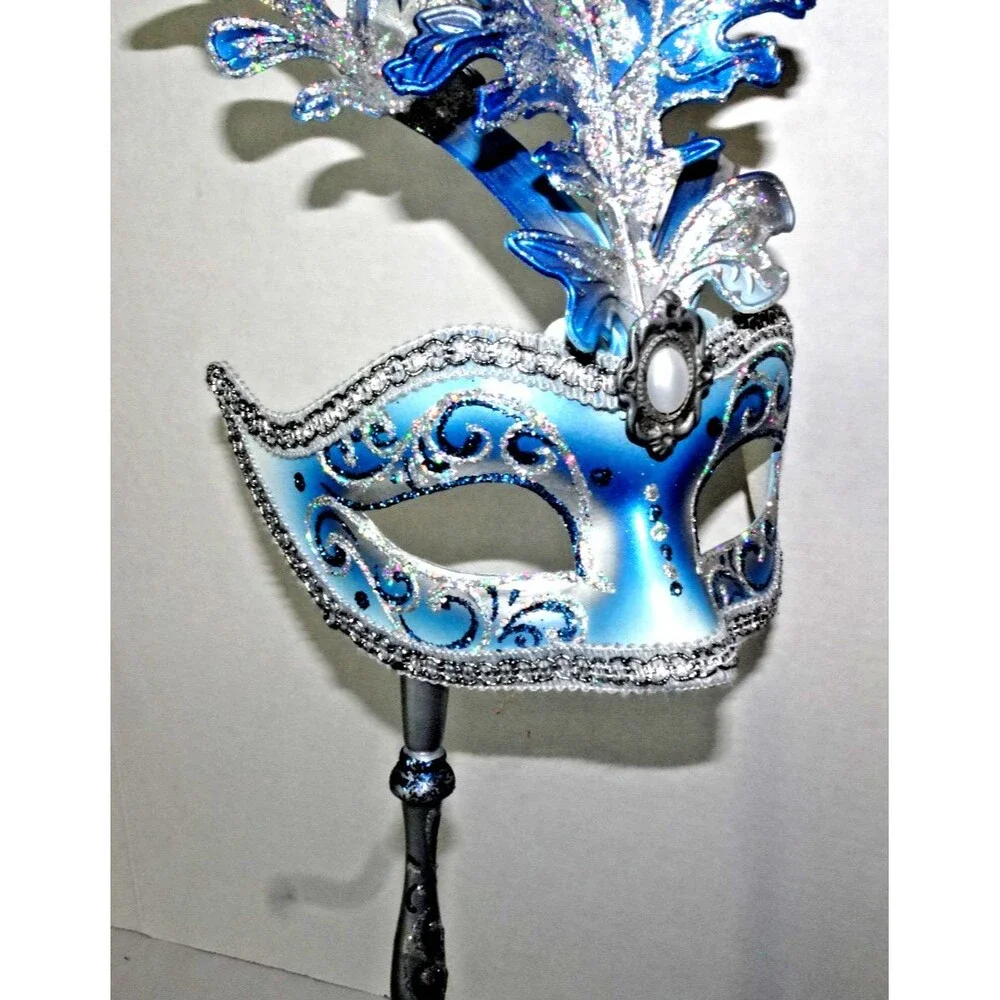 Beautiful Venetian Hand Painted Mask Venice Blue Masquerade with Handle Dated